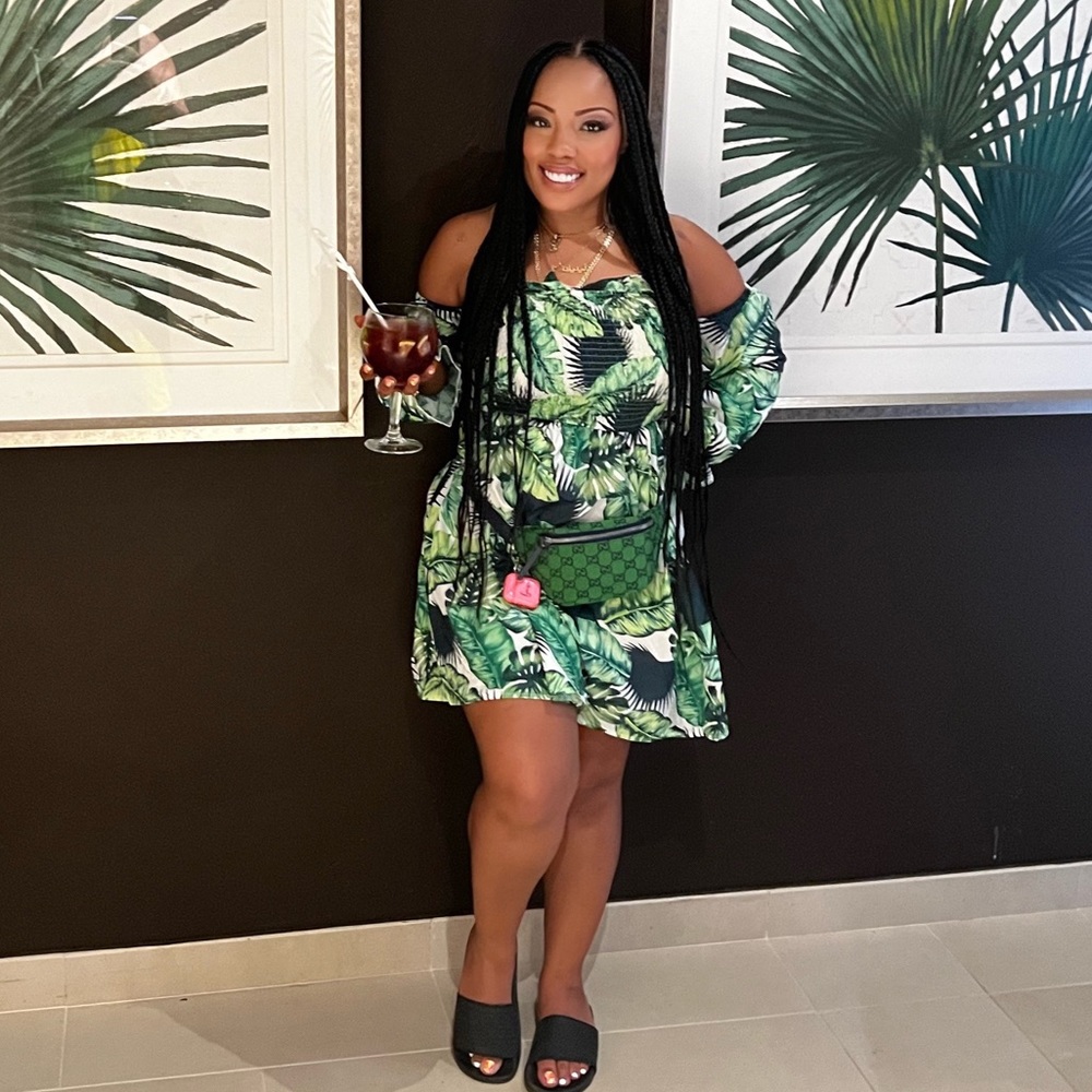 Tropical Green Off Shoulder Frill Hemmed Shirred Dress